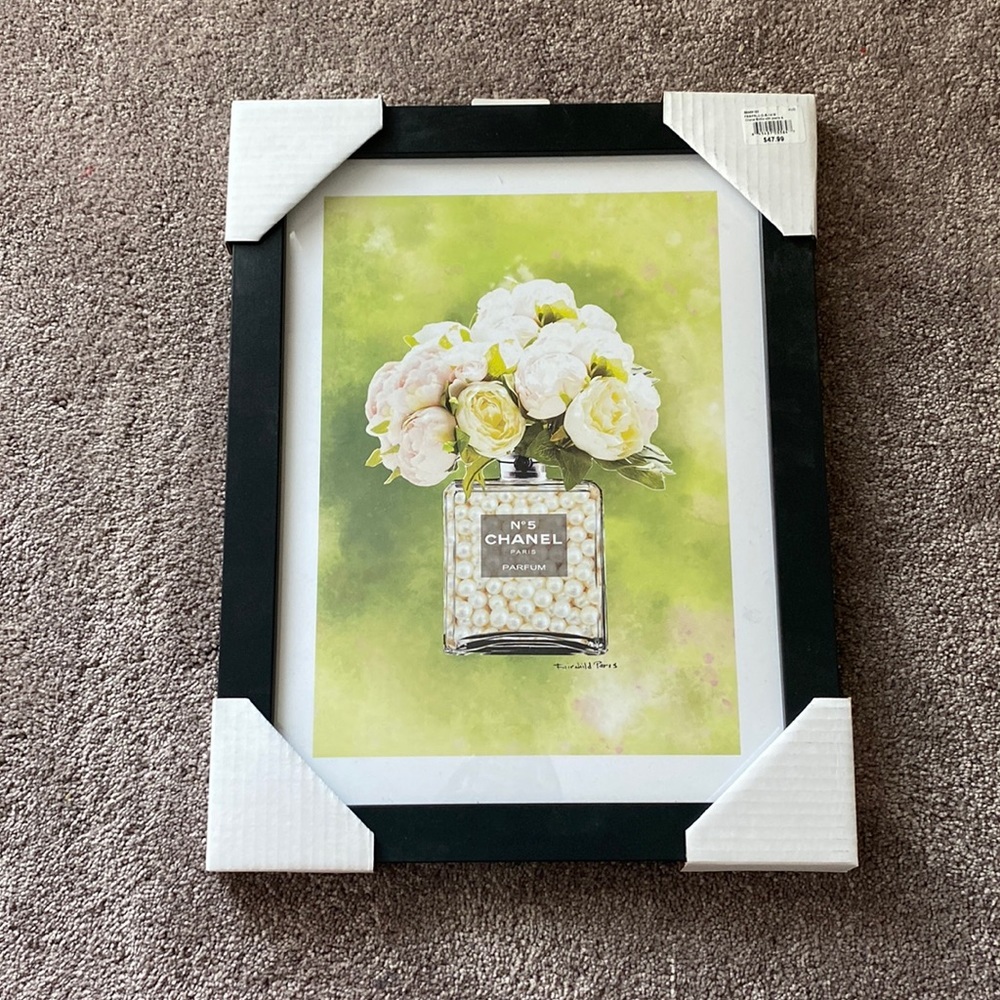 NWT Fairchild Paris Chanel Bottle w/ Pearls & White Roses Framed Print